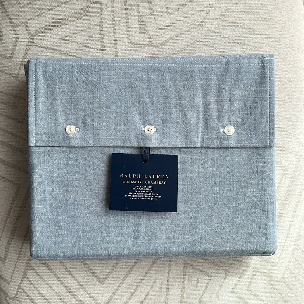 NEW $215 Ralph Lauren Chambray Workshirt queen flat Sheet only Blue cotton
